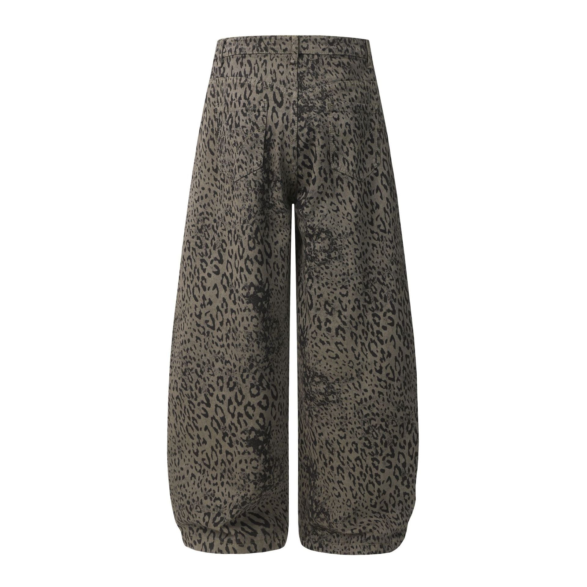 Leopard Print Curved Straight Wide Leg Denim Jeans