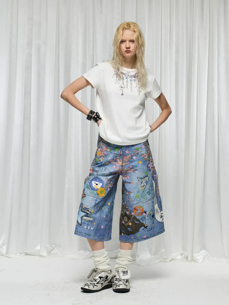Digital Cartoon Print Denim Half Jeans