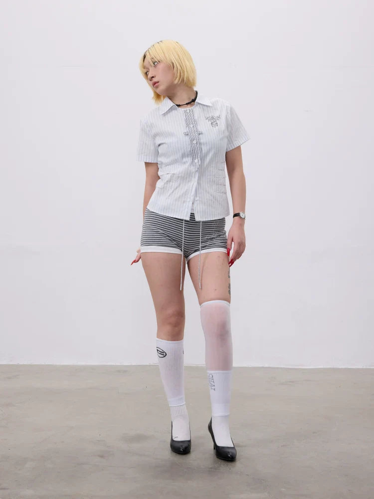 Lace Dagger Patchwork Print Short Sleeve Shirt