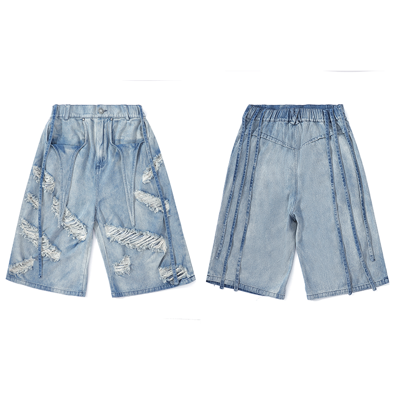 Washed Damage Wide-Leg Straight Denim Half Jeans