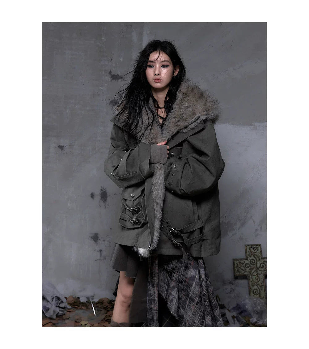 Fake Fur Hooded Multi-Pocket Buckle Detail Jacket