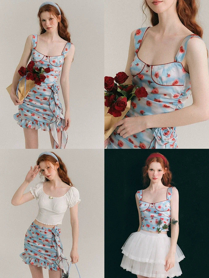 Hand Painted Rose Floral Camisole & Short Skirt Setup