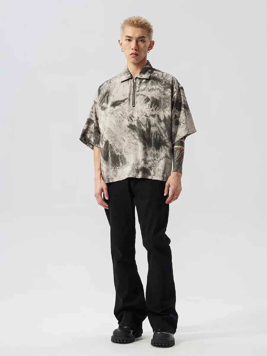 Tie-Dye Ink Design Half Zipper Polo Shirt