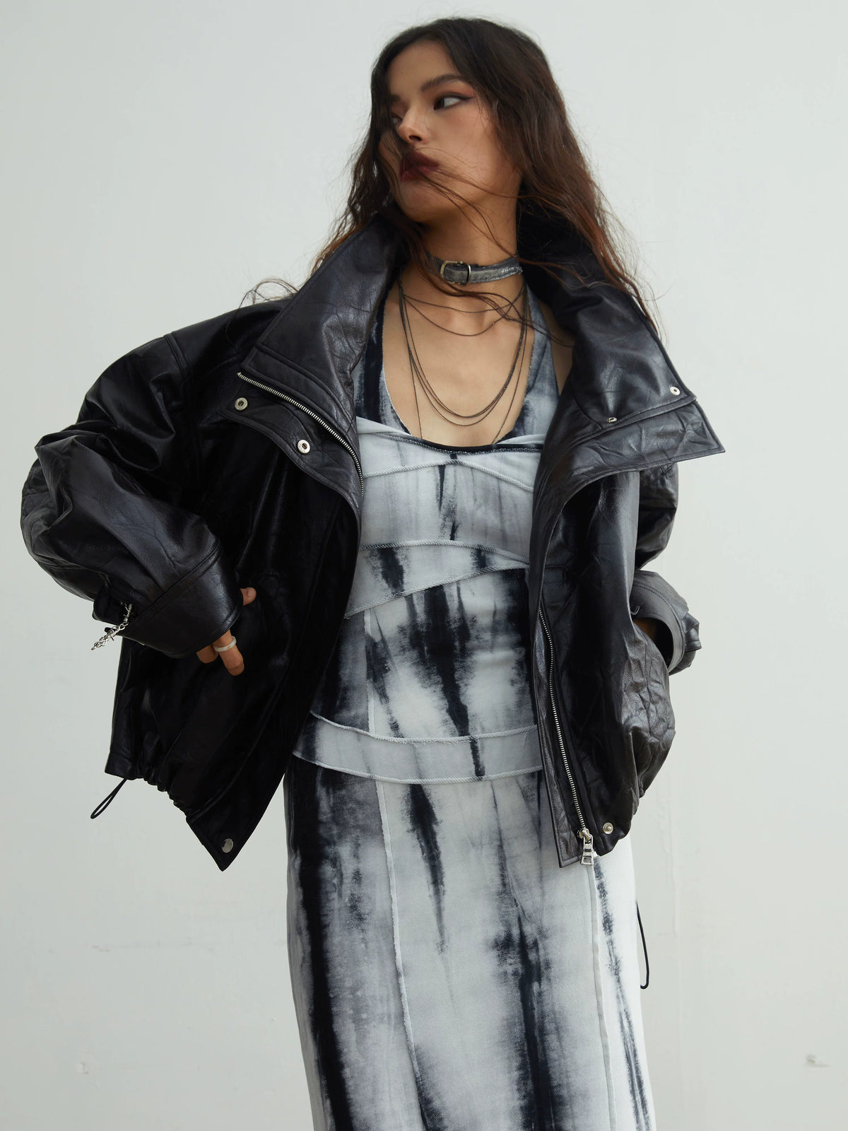 Detachable Large Fur Collar PU Leather Jacket