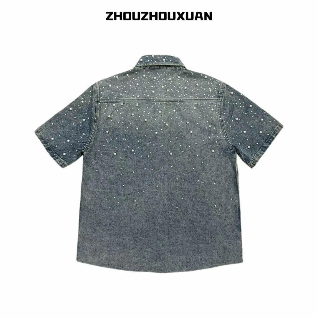 Pearl Decoration Wash Short Sleeve Denim Shirt