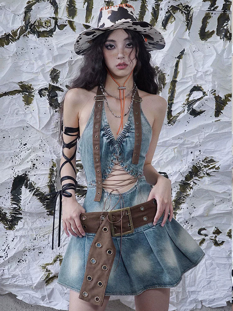Denim Hollow-Out Tie-Strap Short Pleats Dress