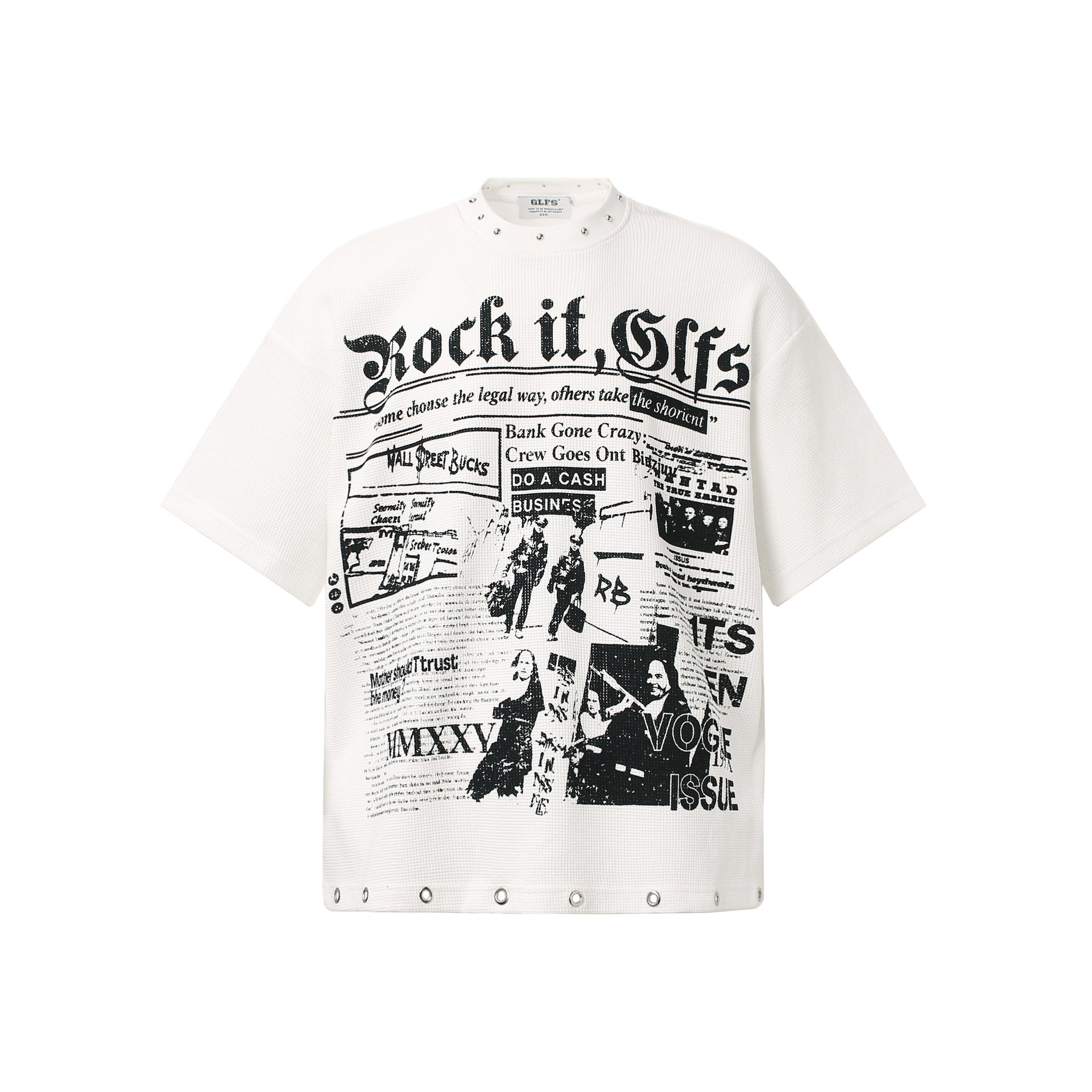 Waffle Newspaper Print Studs Short Sleeve T-Shirt