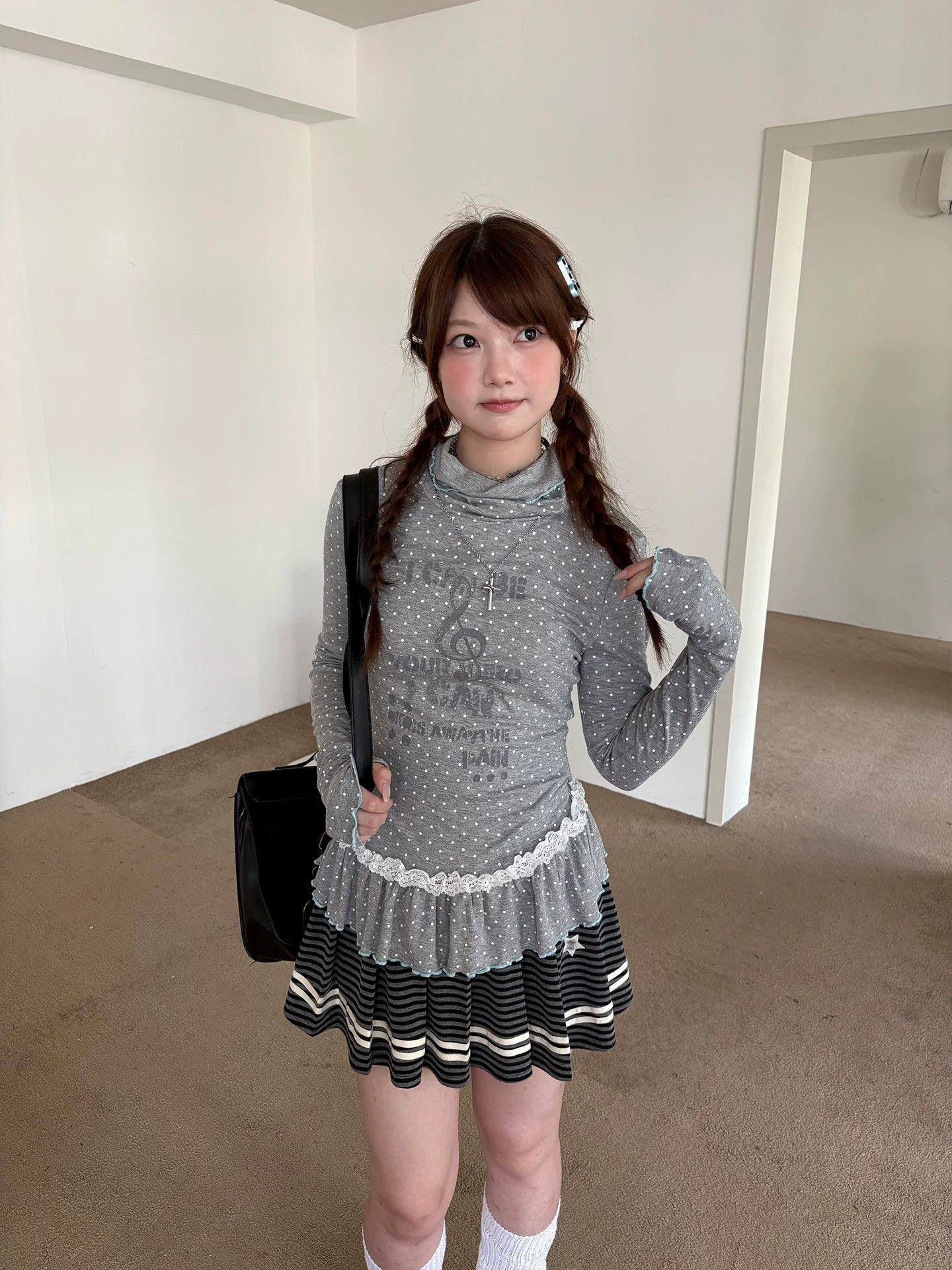 Polka Dot Lace High-Neck Long Sleeve T-Shirt