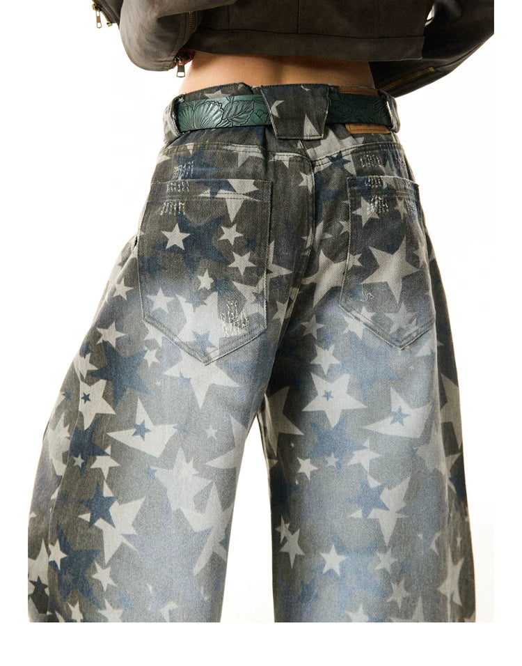 Star Print Damage Wide Leg Denim Jeans