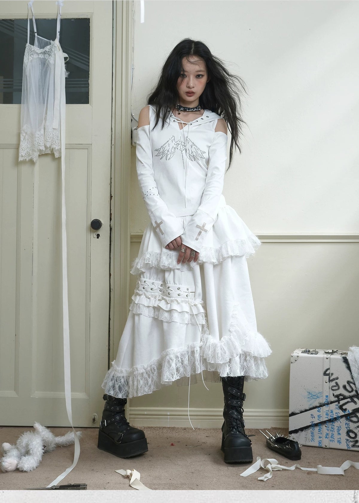 Suede Lace Asymmetrical Tie-Up Layered Long Skirt