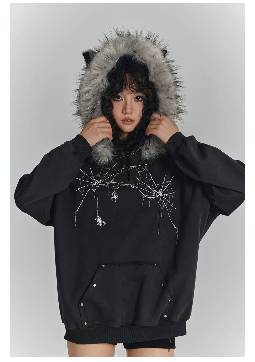 Spider Web Print Fur Collar Cat Ear Oversize Zipper Hoodie