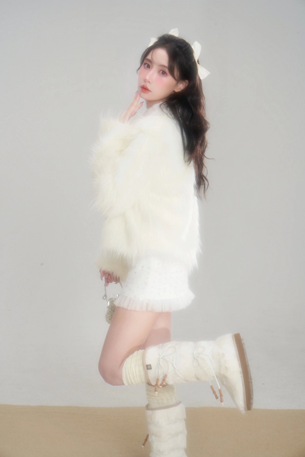 Eco Fur Warm Jacket & Short Skirt & Long Skirt Setup