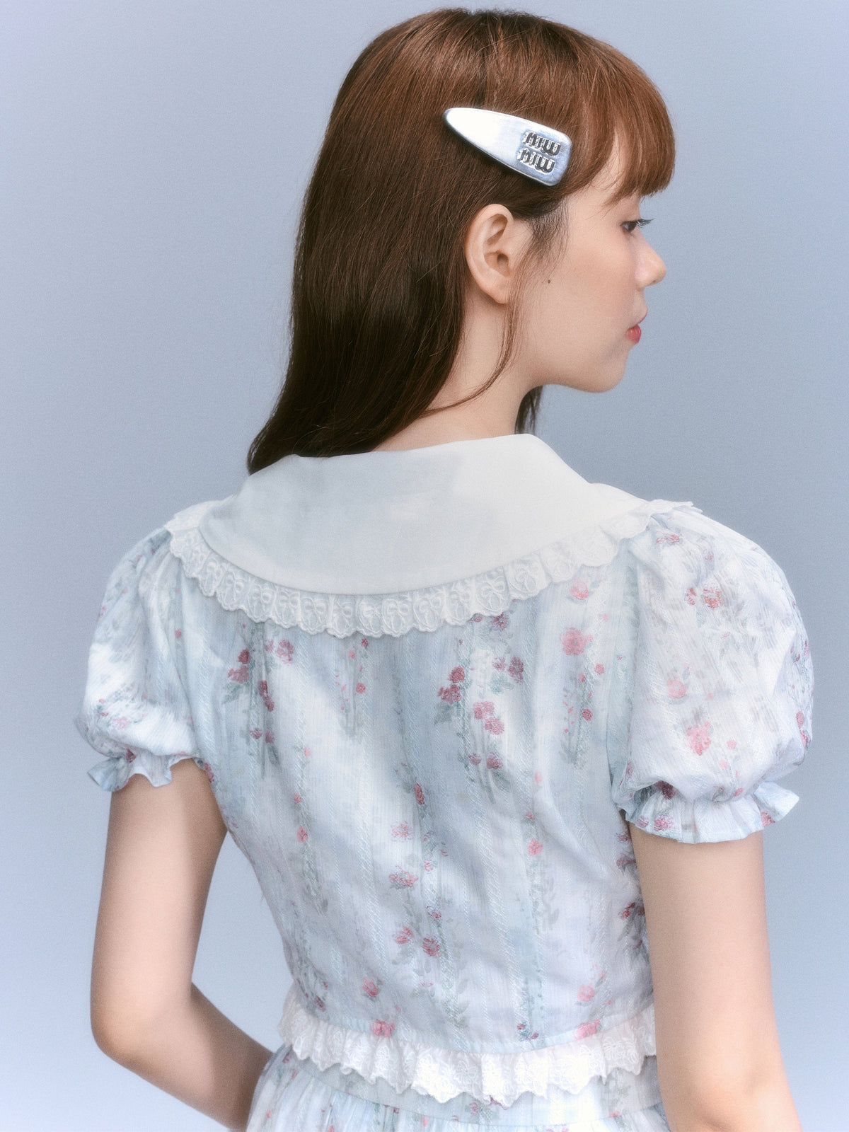 Floral-Print Blouse & Lace Trim Flared Skirt Setup