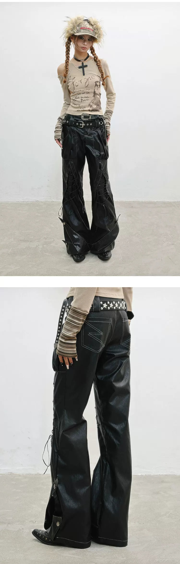Original Design Lace-Up Double Waistband Structural PU Leather Pants