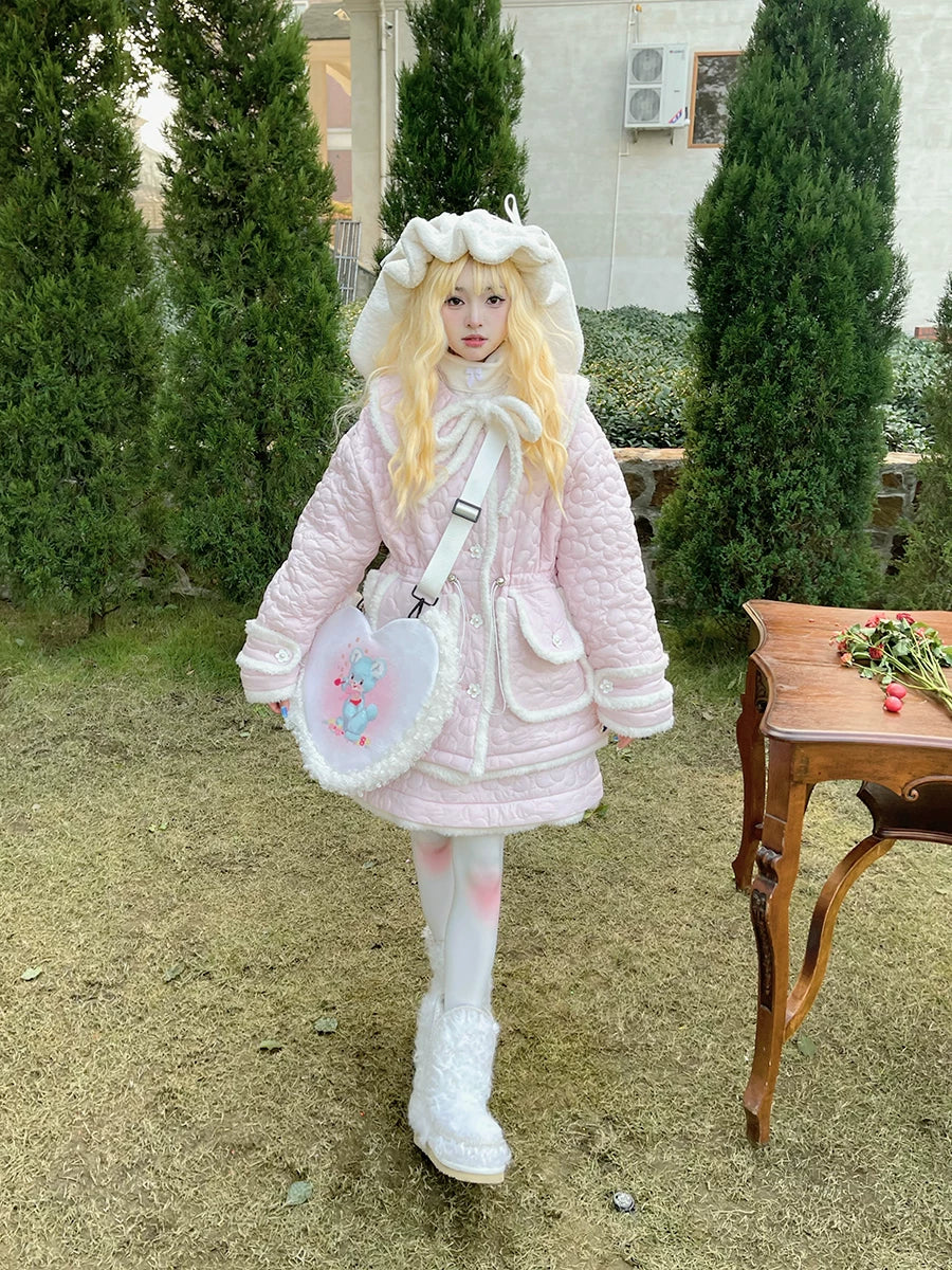Flower Plush Bow Tie Puffer Jacket