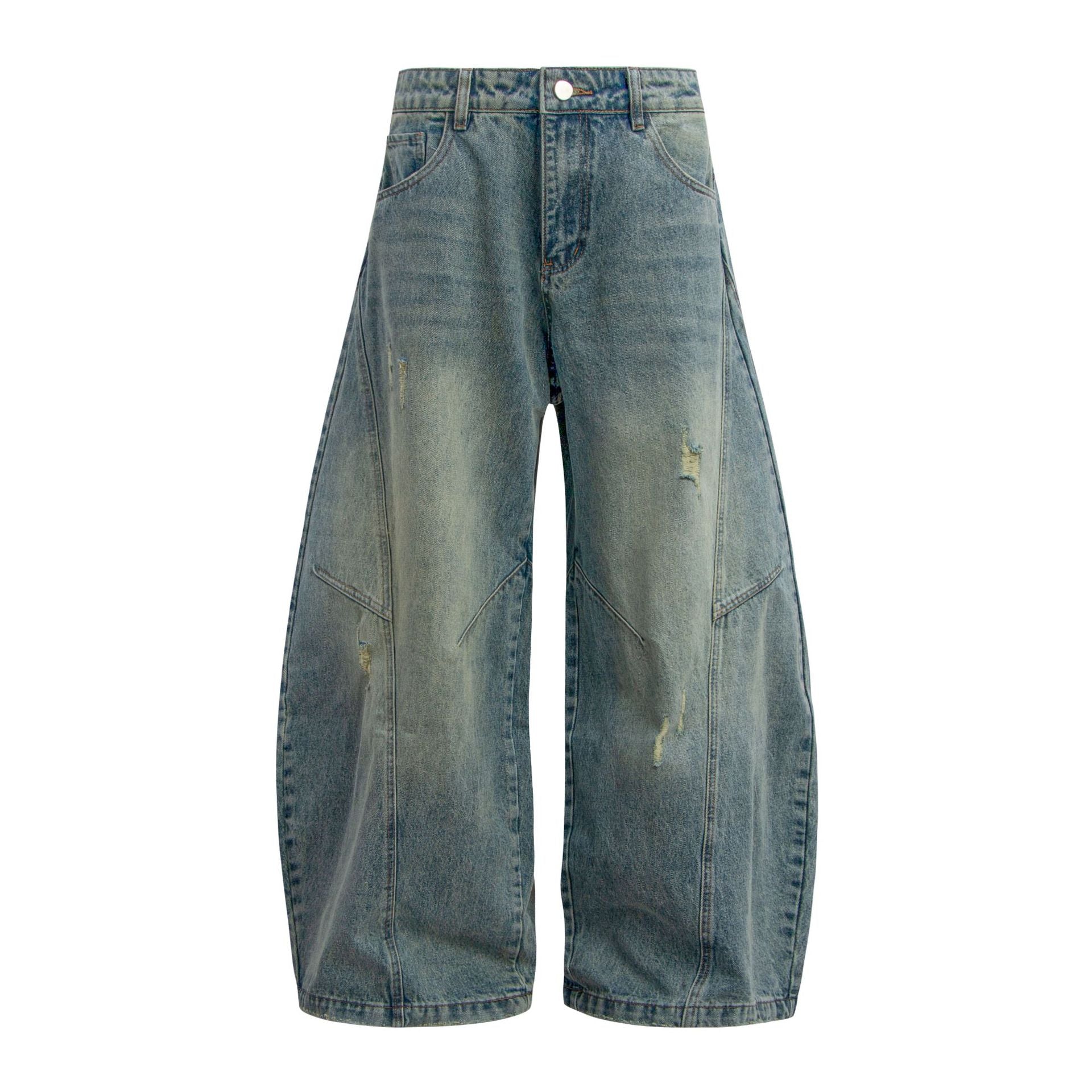 Washed Panel Design Wide Leg Denim Jeans