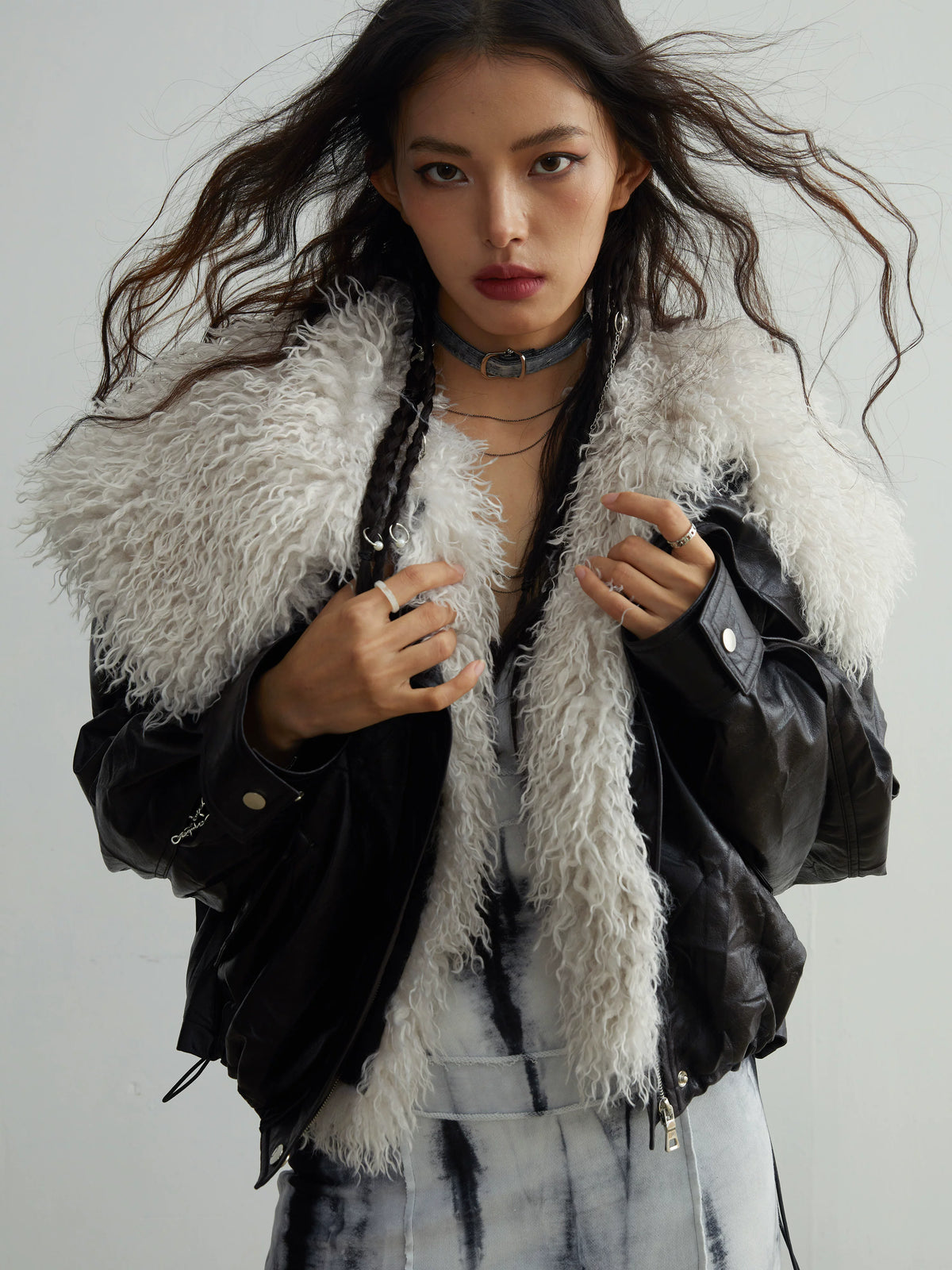 Detachable Large Fur Collar PU Leather Jacket