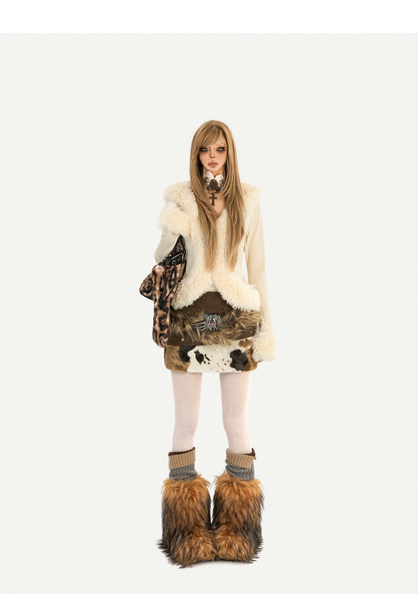 Fur Collar Fitted Long Sleeve Knit Cardigan