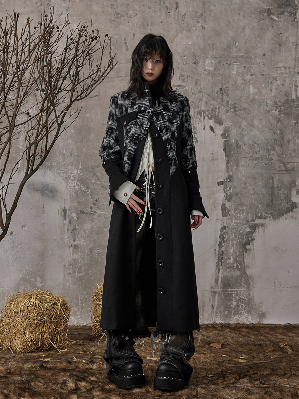 High-Neck Studs Patchwork Wool Coat