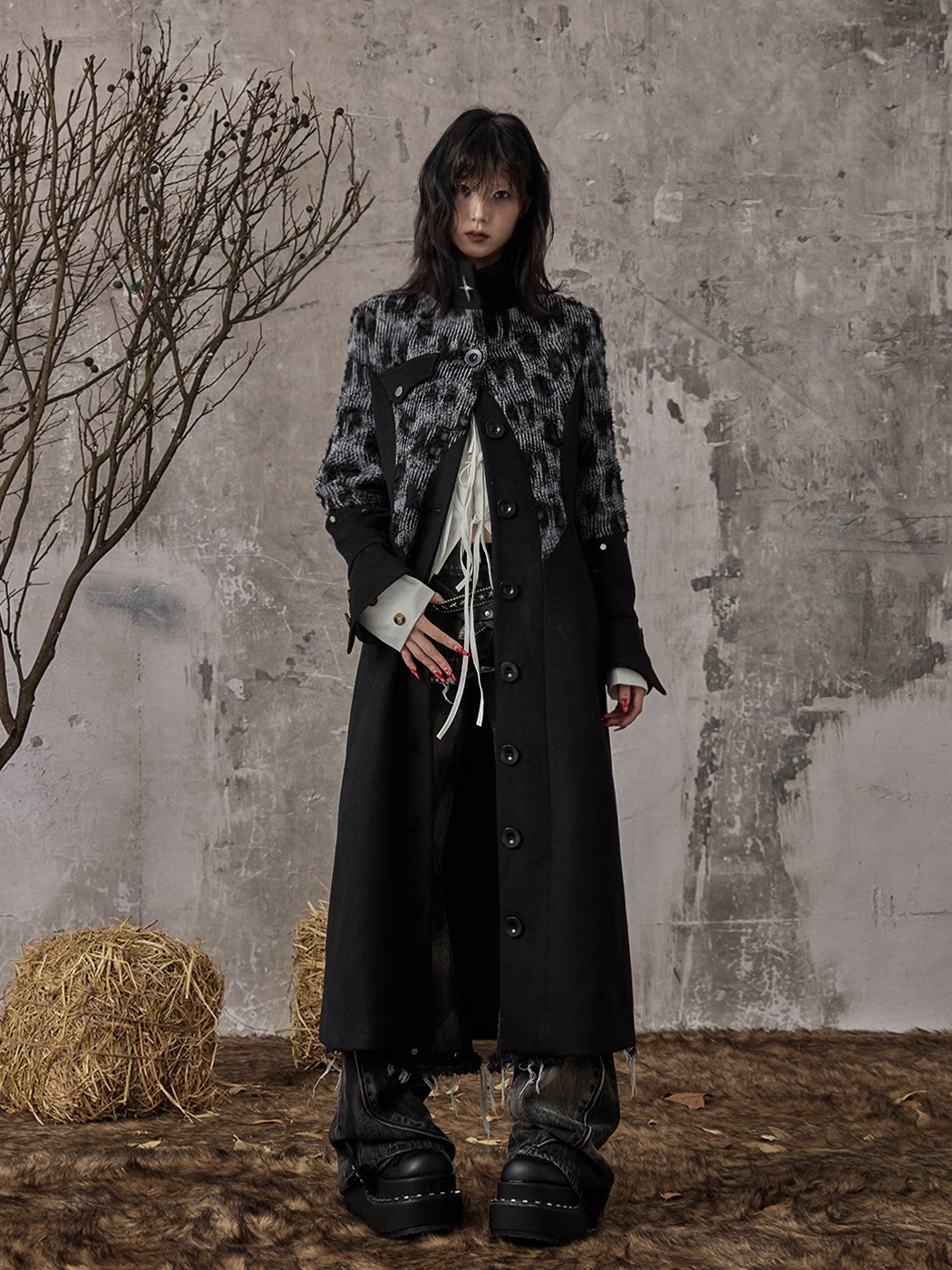 High-Neck Studs Patchwork Wool Coat