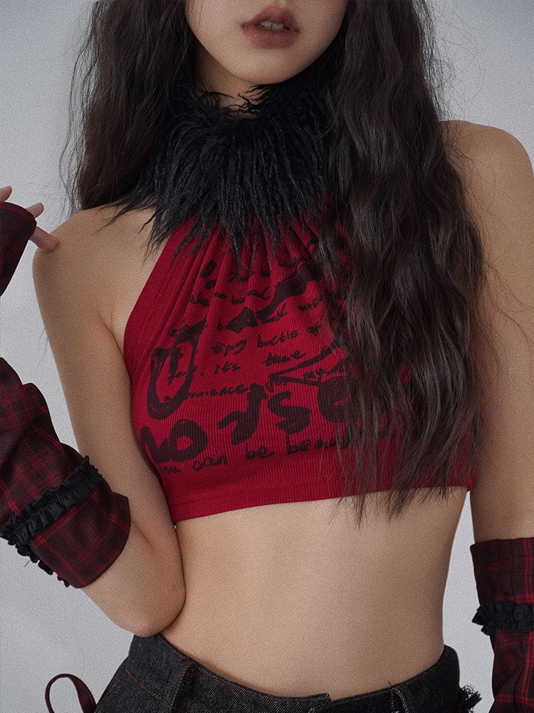Red & Black Rock-Inspired Detachable Fur Collar Two-Way Camisole