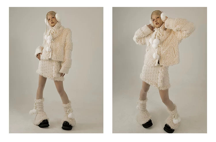 Fleece Lining Soft Fuzzy Knit Cardigan & Half Skirt Setup