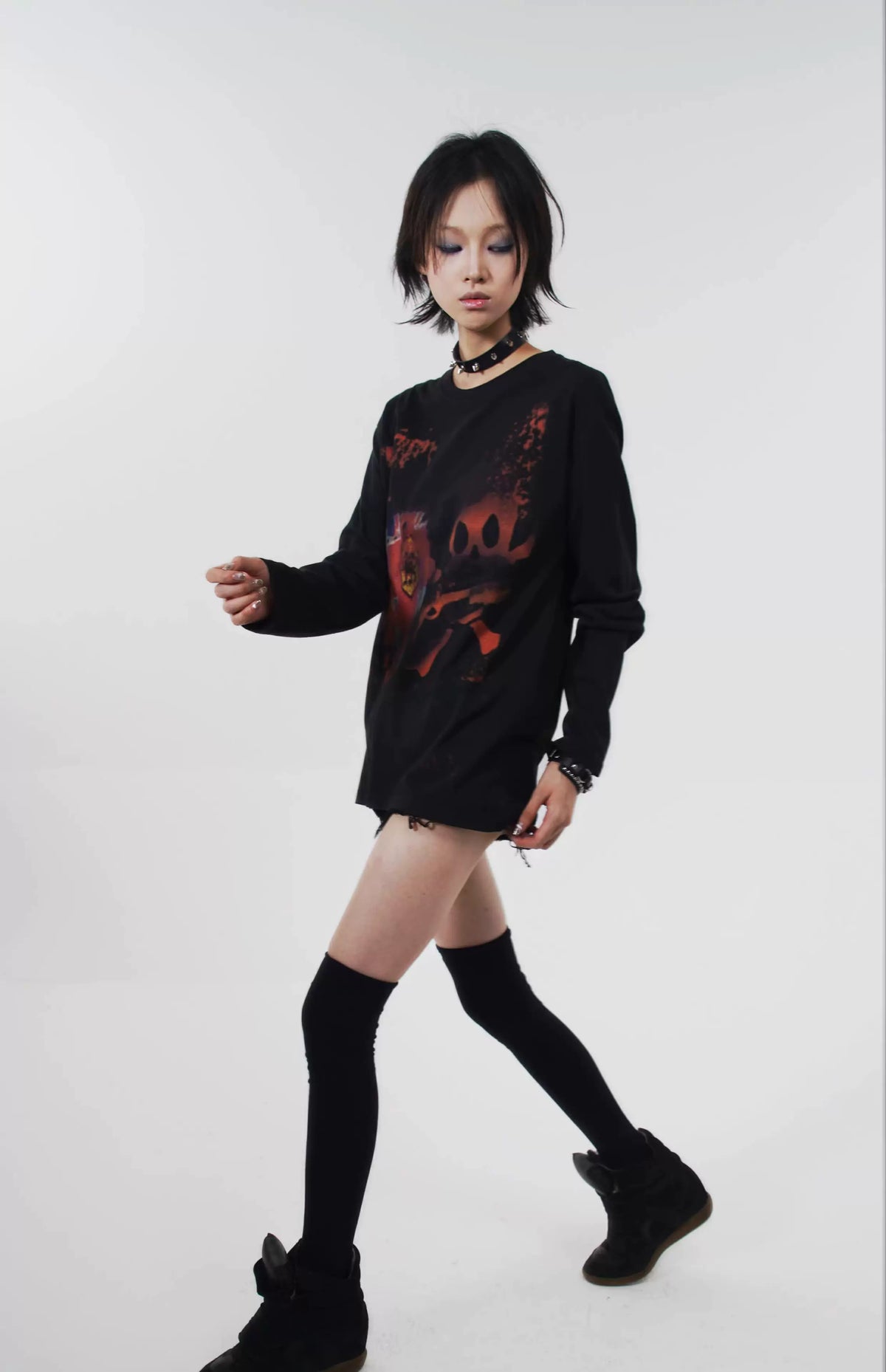 Skull Metal Print Long Sleeve T-Shirt