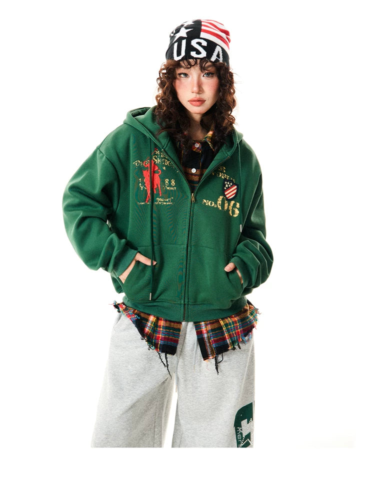 Letter Embroidery Washed Zipper Hoodie