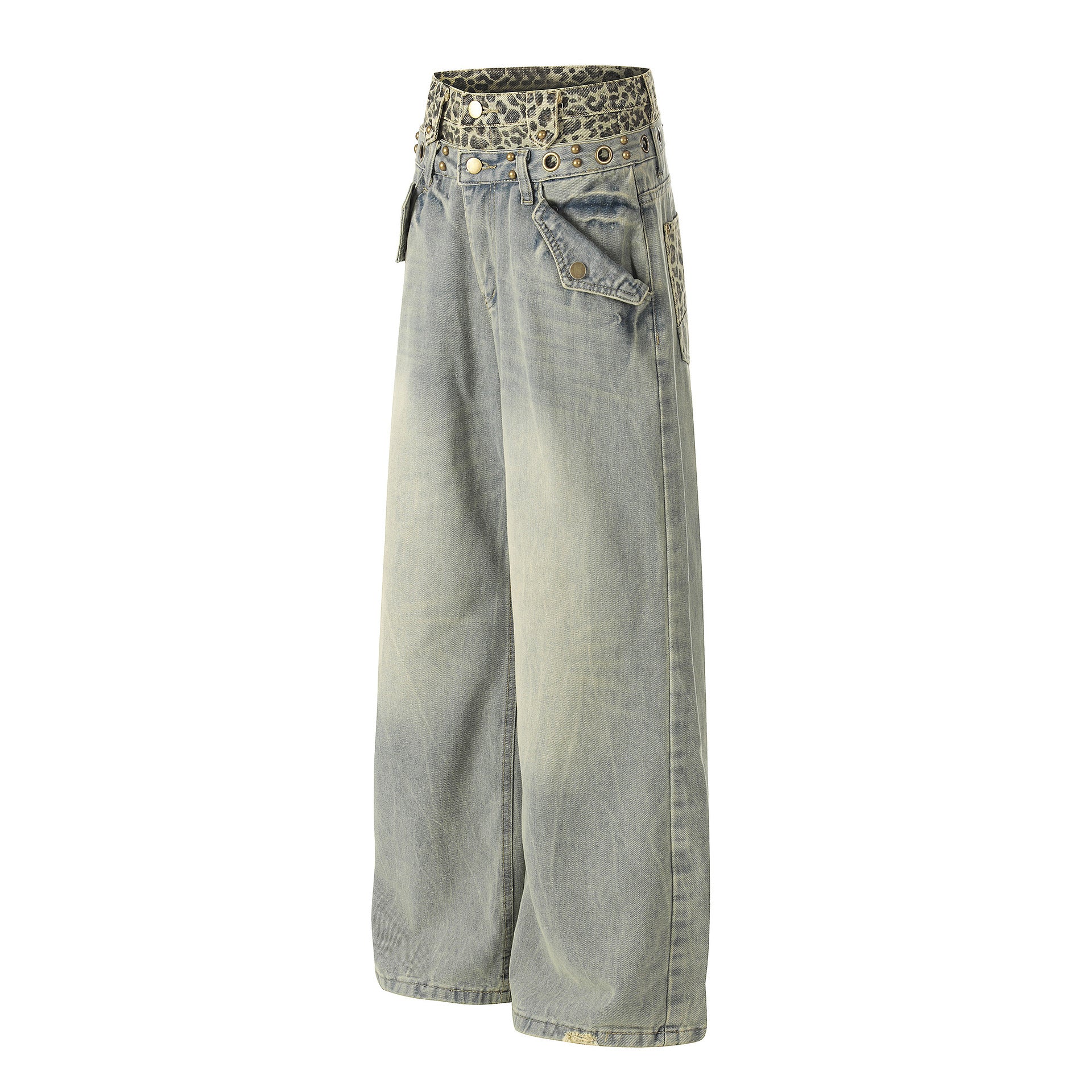 Leopard Waistband Washed Whisker Wide Leg Denim Jeans
