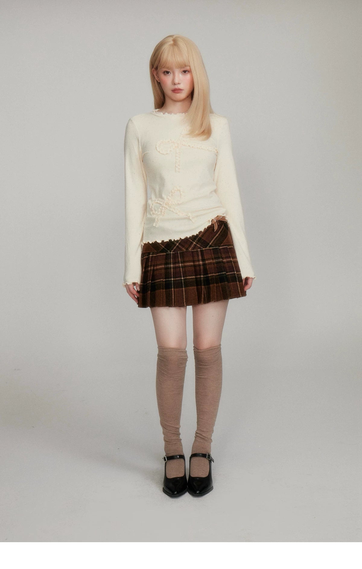 Dot Pattern Bow Lyocell Thermal Long Sleeve T-Shirt