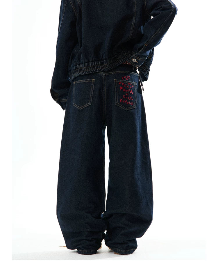 Embroidered Cropped Denim Jacket & Wide-Leg Denim Jeans Setup