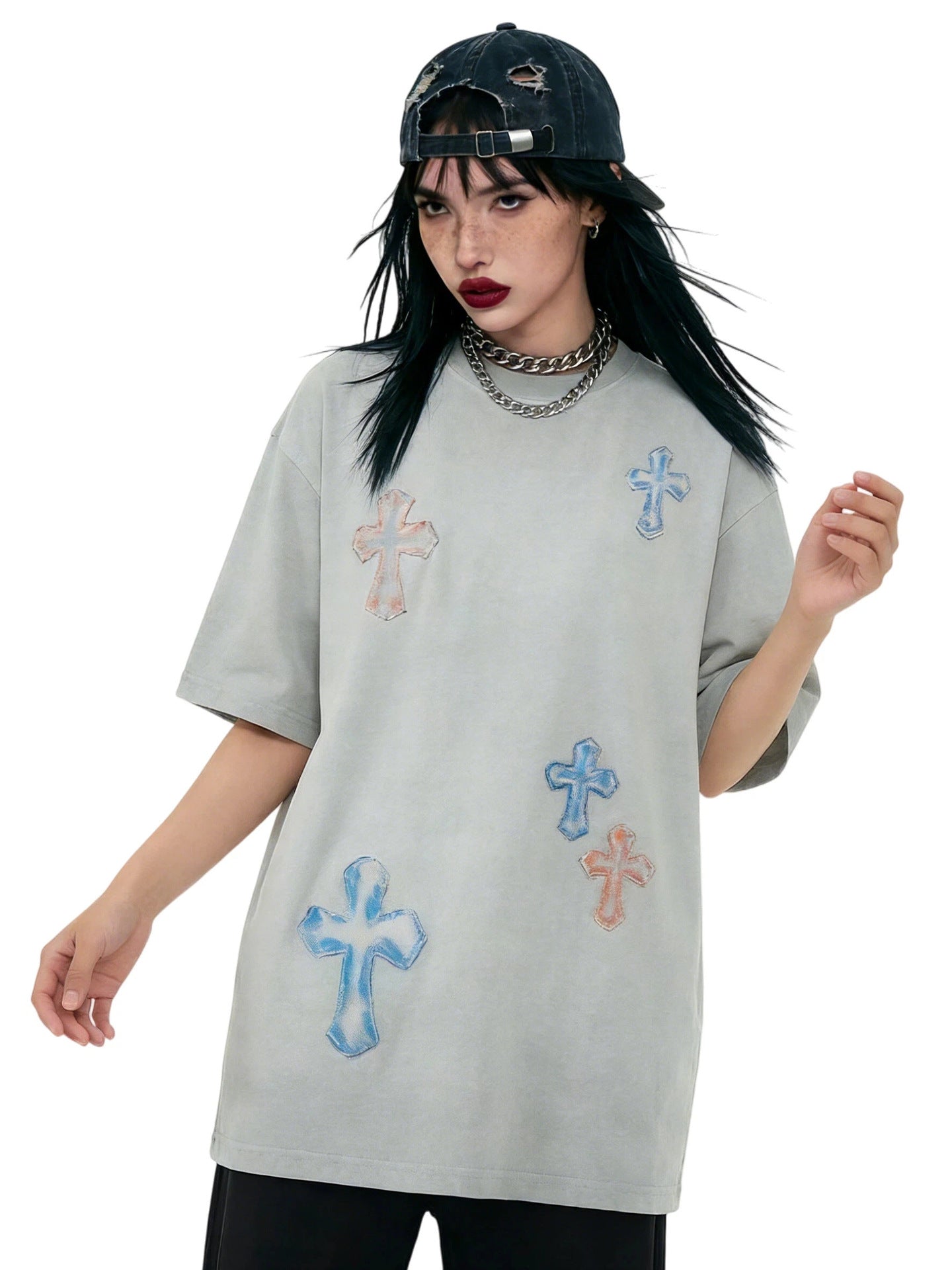 Washed Cross Applique Short Sleeve T-Shirt
