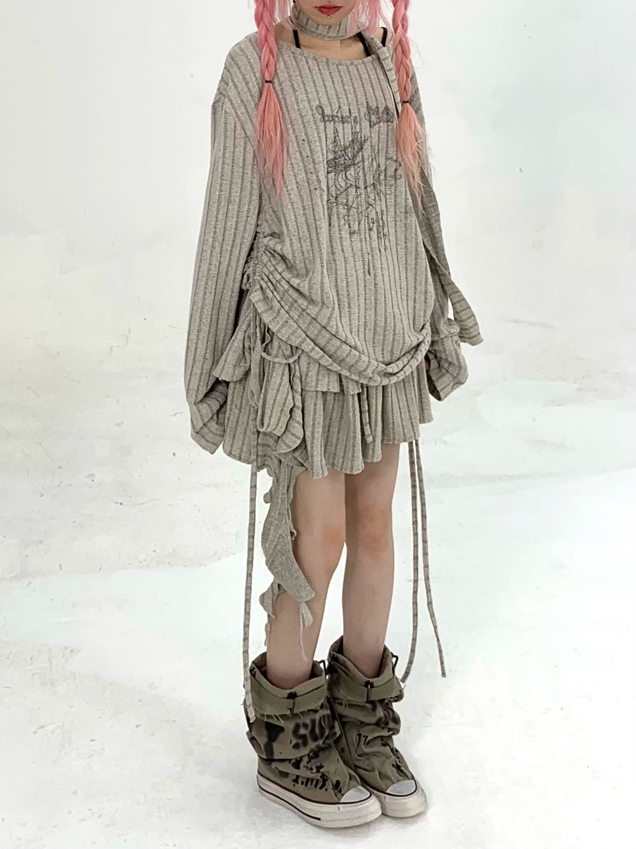 Ribbed Letter Print Strap Detail Oversize Knit Sweater