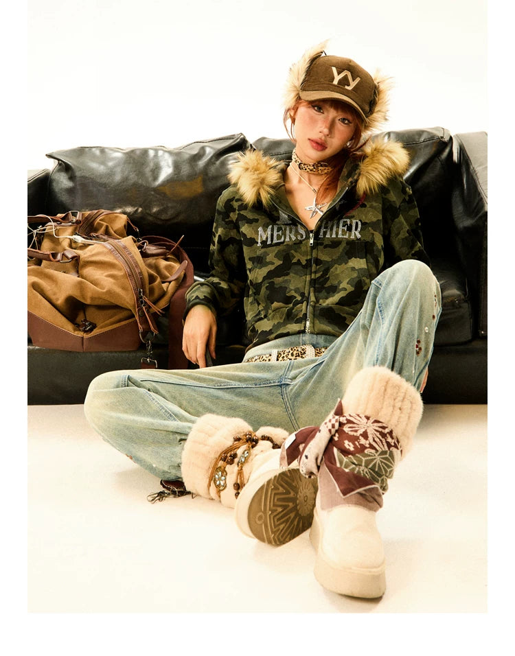Camouflage Fake Fur Trim Star Patch Zipper Hooded Jacket