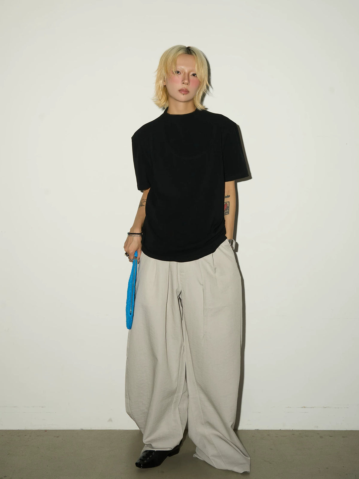 Pleats Elastic Waist Wide Leg Trousers
