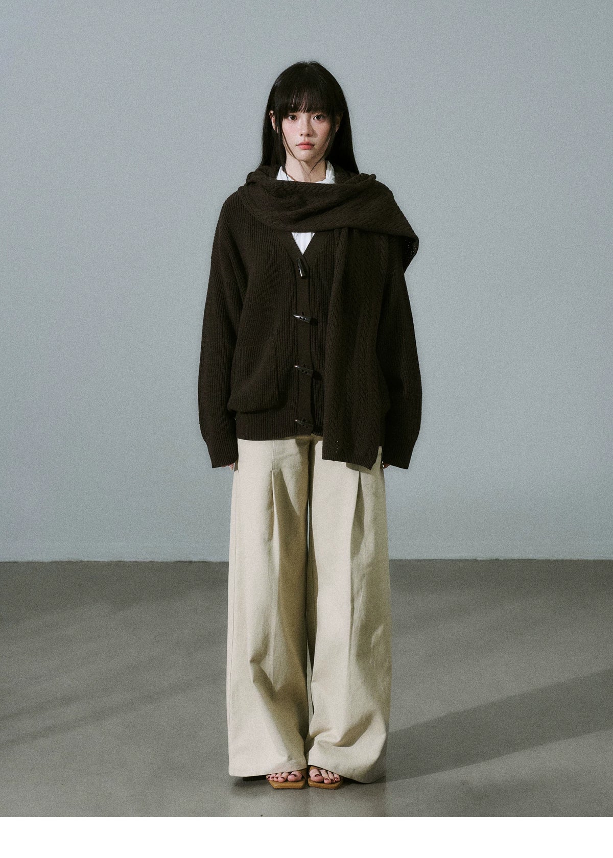 Hooded Horn Button Fleece Lining Knit Cardigan