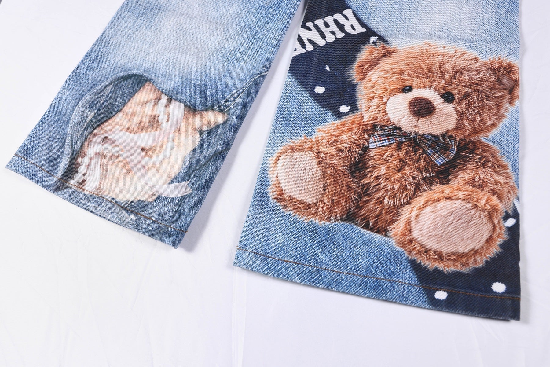 Washed 3D Character Print Wide Leg Denim Jeans