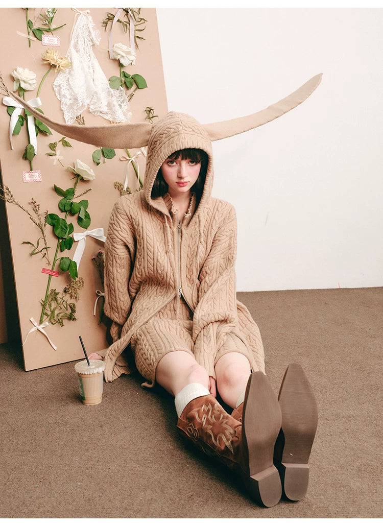 Bunny Hare Ear Hooded Zipper Knit Cardigan & Knit Skirt Setup