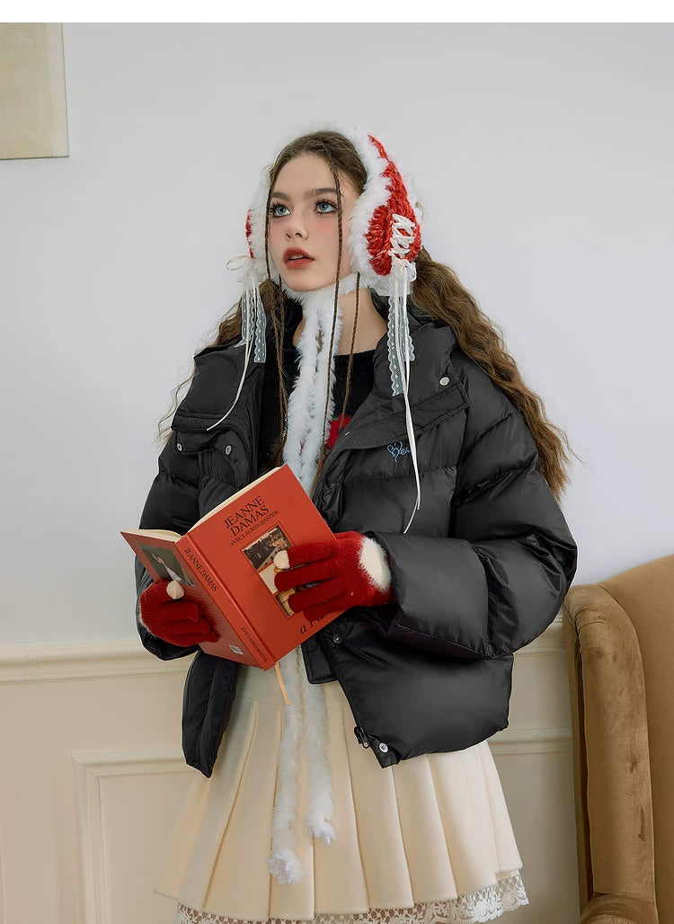 Embroidery Hooded Stand Neck White Duck Down Jacket