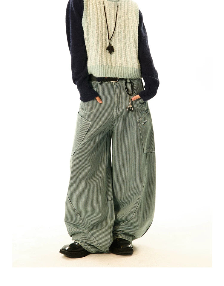 Stripe Pattern Wide Leg Denim Jeans