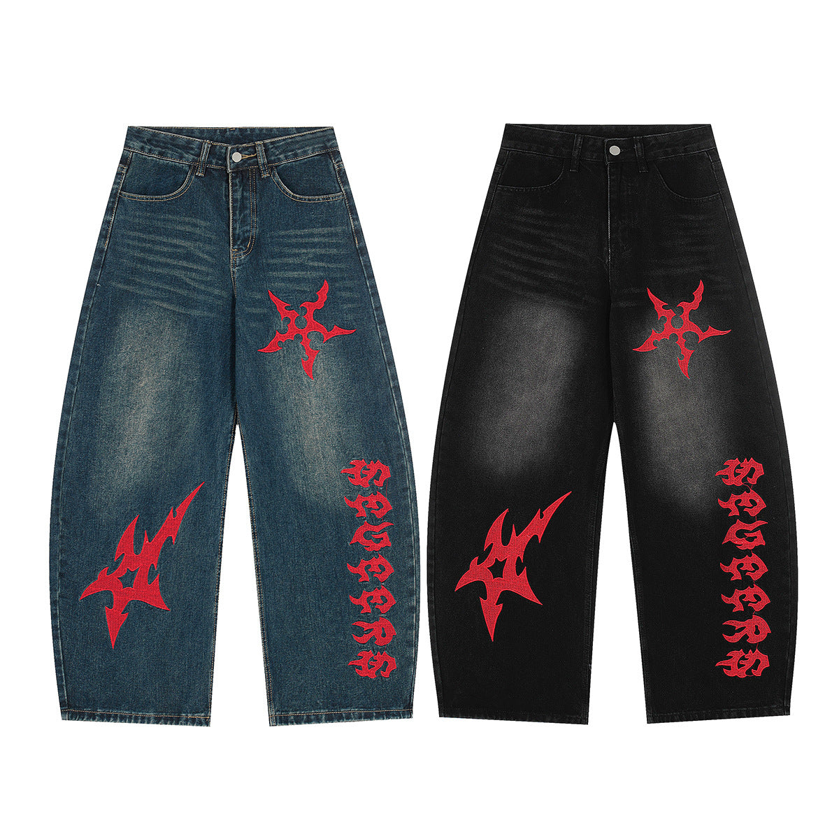 Washed Tribal Print Wide Leg Denim Jeans