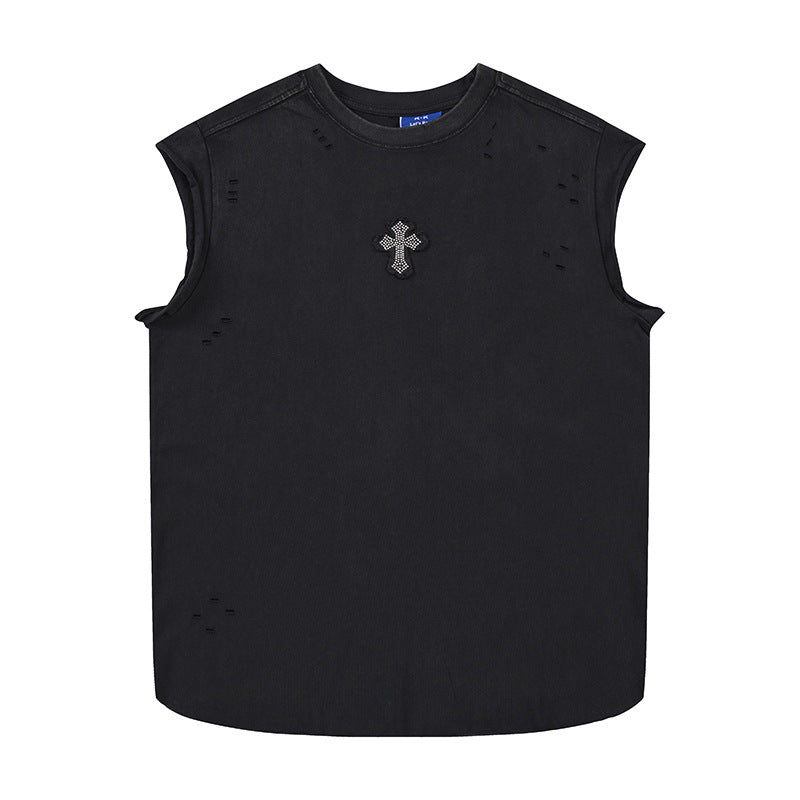 Cross Rhinestone Washed Damage Sleeveless T-Shirt