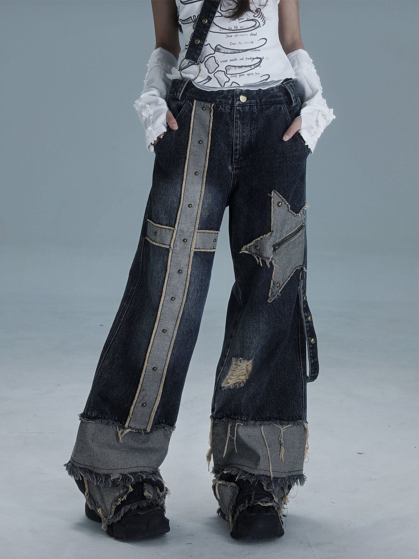 Low Waist Wide Leg Washed Stud Denim Jeans