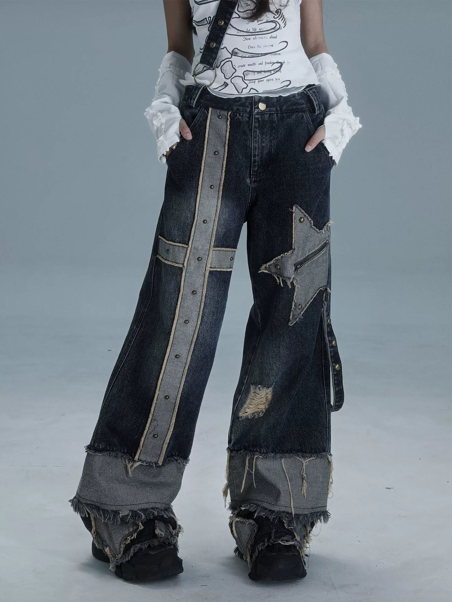 Low Waist Wide Leg Washed Stud Denim Jeans