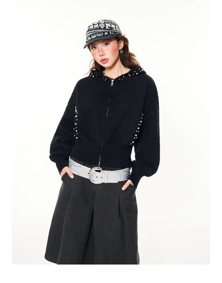 Pearl Embroidery Cropped Zipper Hoodie
