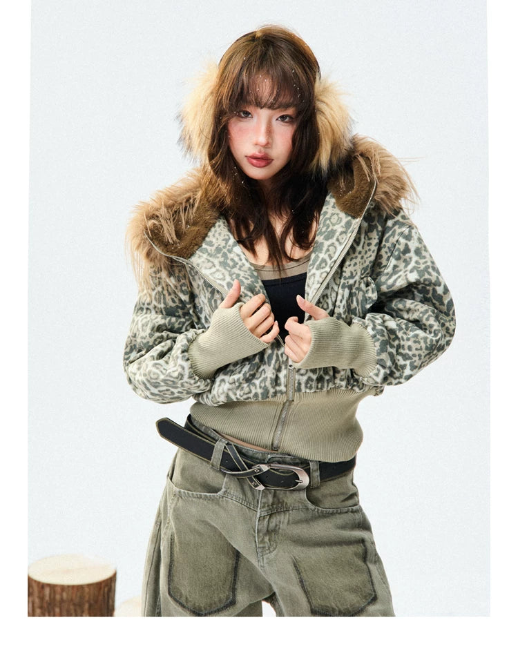 Leopard Print Fur-Trim Hood Puffer Jacket