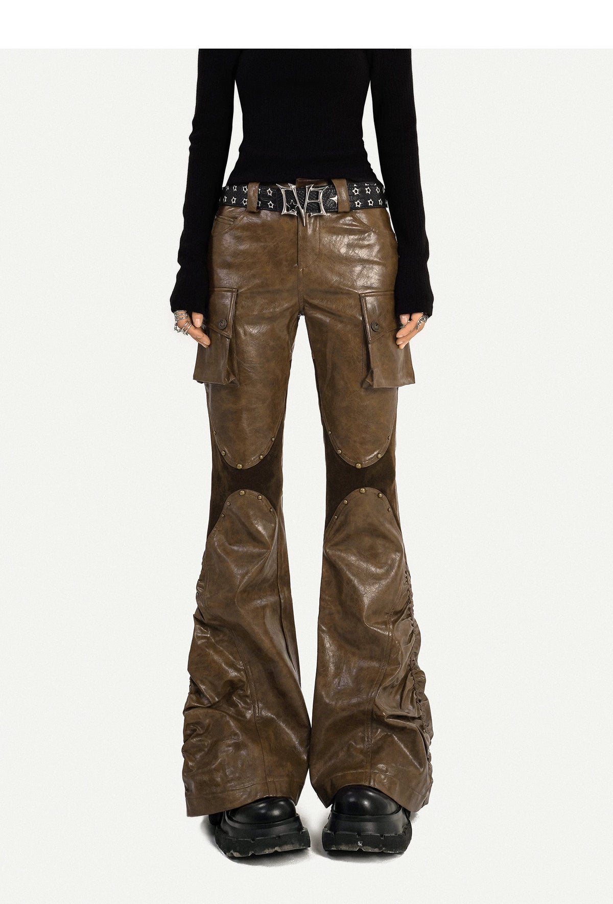 PU Leather Patchwork Fitted Flare Pants