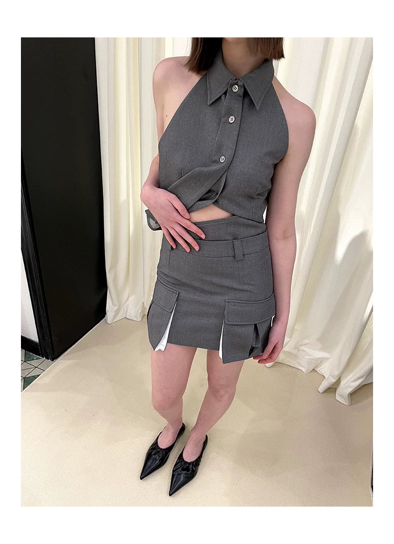 Polo Collar Tie Sleeveless Top & Large Pocket Short Skirt Setup