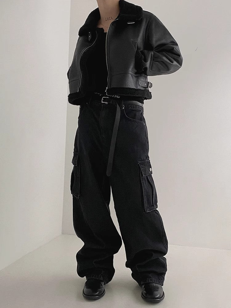 Boa Neck PU Leather Jacket