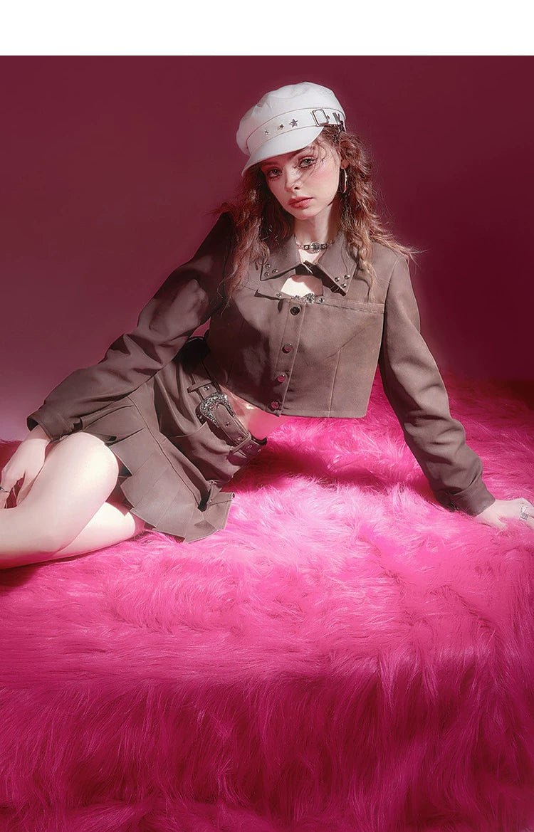 PU Leather Short Jacket & Short Pleats Skirt Setup